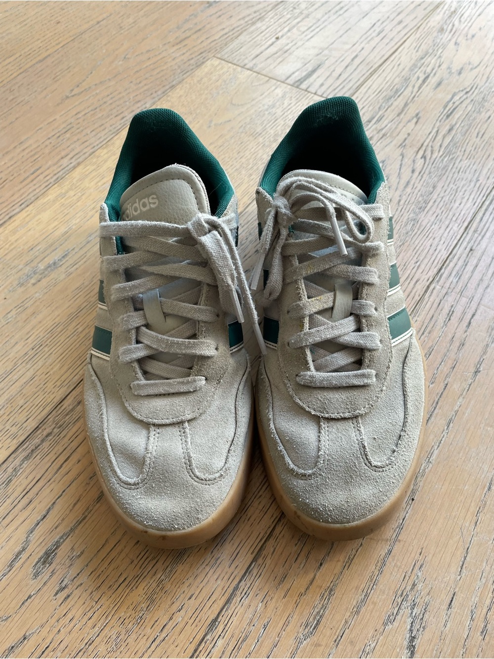Women’s adidas Beige Suede Sneakers with Green Stripes